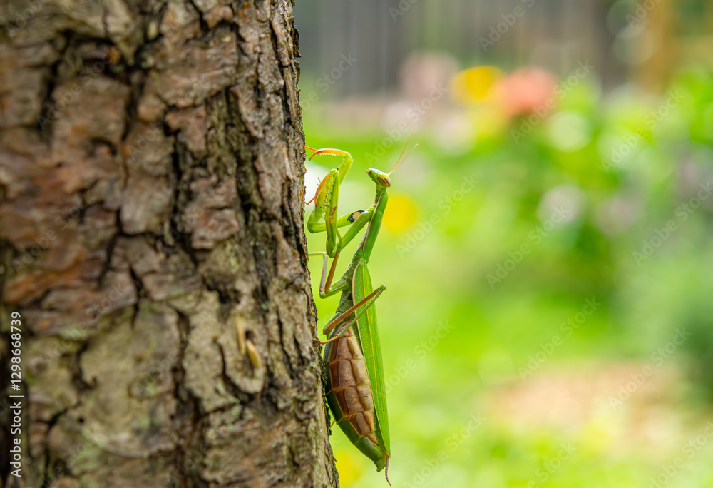 macro scale green mantis sitting in the grass. a beautiful predatory insect in nature. close-up of the head of an alien-like insect. macro scale green mantis sitting in the grass. a beautiful predatory insect in nature. close-up of the head of an alien-like insect.