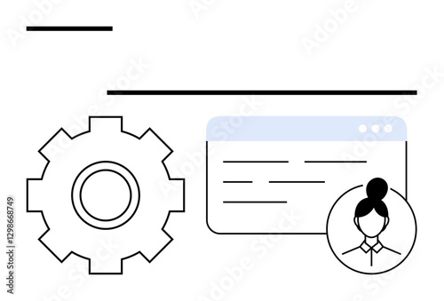 Gear icon, browser window, and user profile icon in simple line art. Ideal for technology, interface design, user settings, teamwork, networking, software abstract line flat metaphor