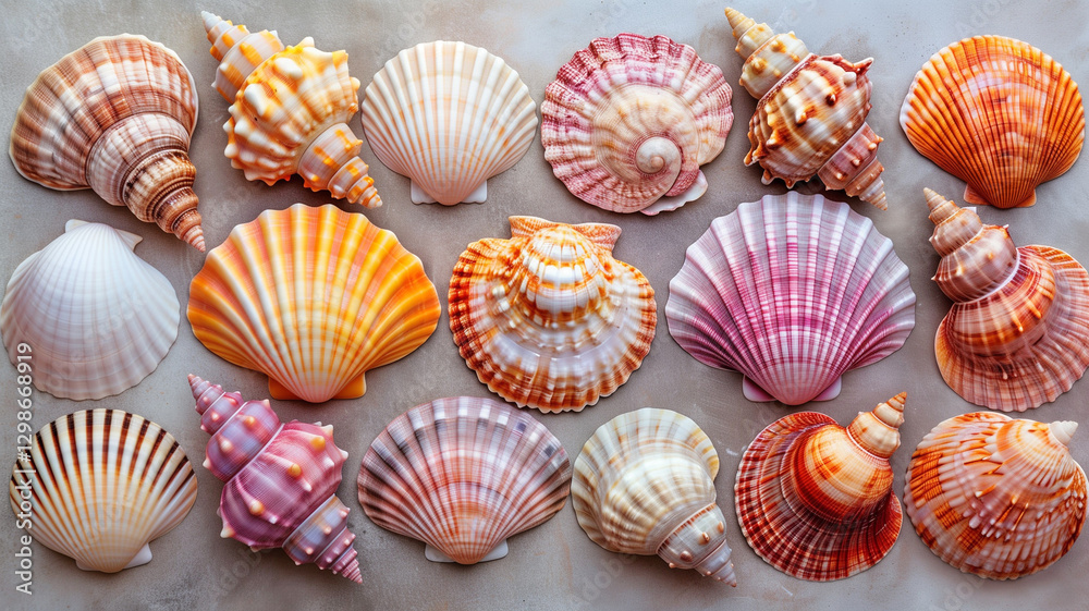 Shells on the seashore concept background. Seashells poster. AI artwork. Shells on the seashore concept background. Seashells poster. AI artwork.