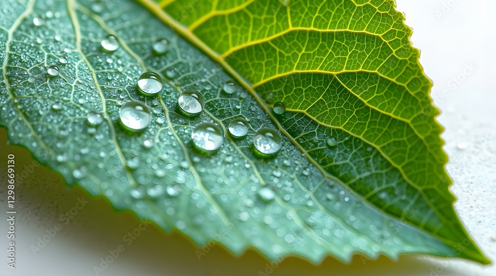 Close-up of vibrant green leaves adorned with water droplets, showcasing the beauty and freshness of nature in a serene and tranquil setting. Close-up of vibrant green leaves adorned with water droplets, showcasing the beauty and freshness of nature in a serene and tranquil setting.