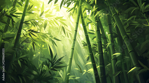 grove with rich green foliage, tall bamboo stalks swaying in the breeze, and soft sunlight filtering through the dense canopy  photo
