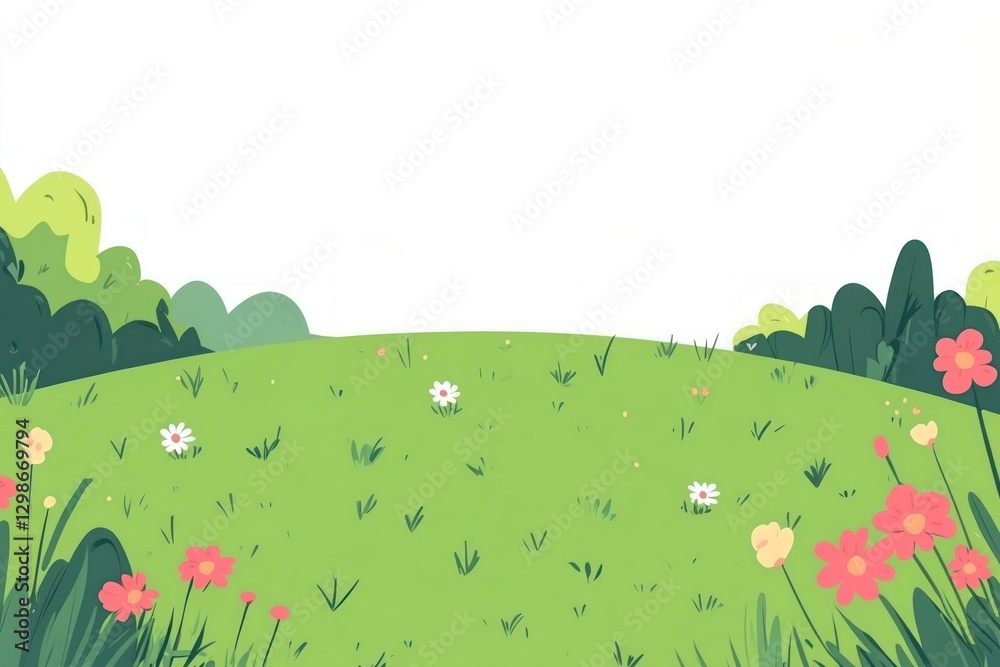 Naklejka premium Green grass field border flowers illustration landscape.