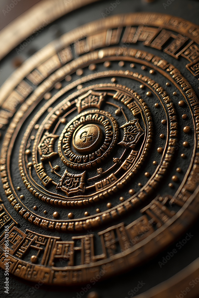 Fototapeta premium Ancient Ceremonial Medallion in Bronze with Mystical Symbols for Spiritual Display
