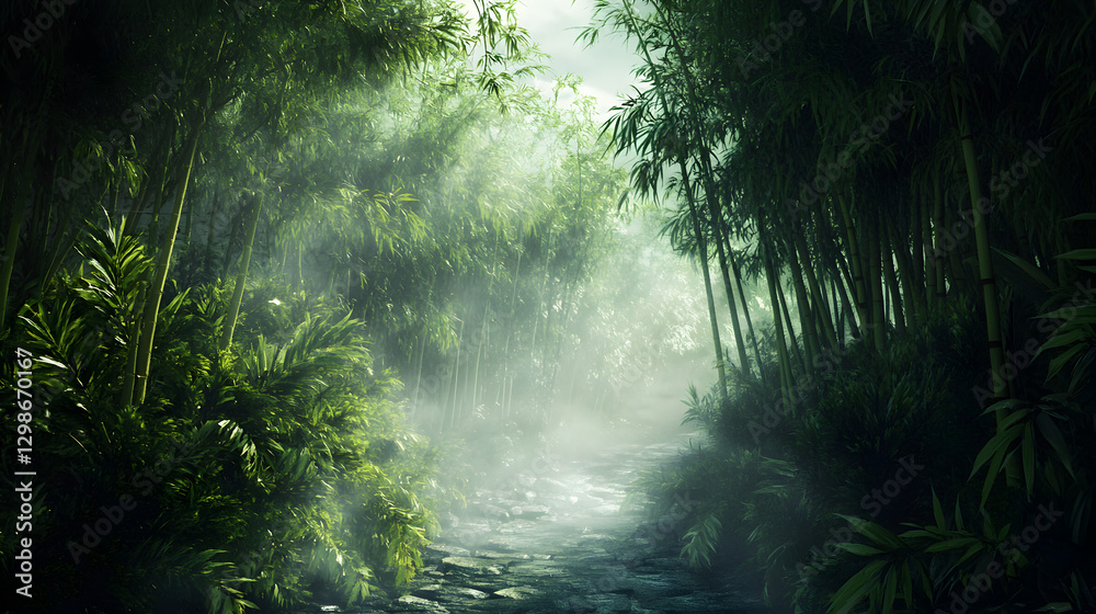 bamboo forest with lush green foliage, tall bamboo stalks emerging from the mist, creating a serene, magical atmosphere bamboo forest with lush green foliage, tall bamboo stalks emerging from the mist, creating a serene, magical atmosphere
