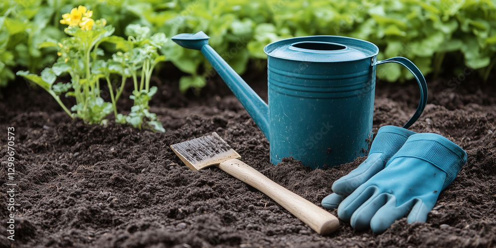 Gardening tools and plants on soil, spring time planting session. Gardening tools and plants on soil, spring time planting session.