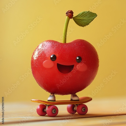 Cheerful cherry riding skateboard with yellow background