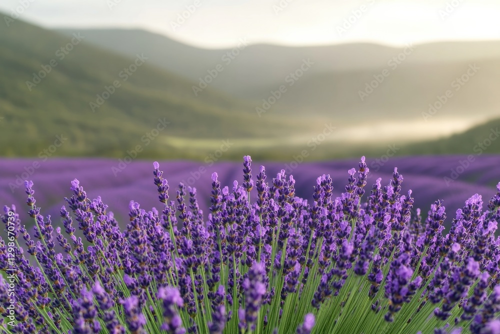 Fototapeta premium Lavender fields stretch across hills, creating serene landscape
