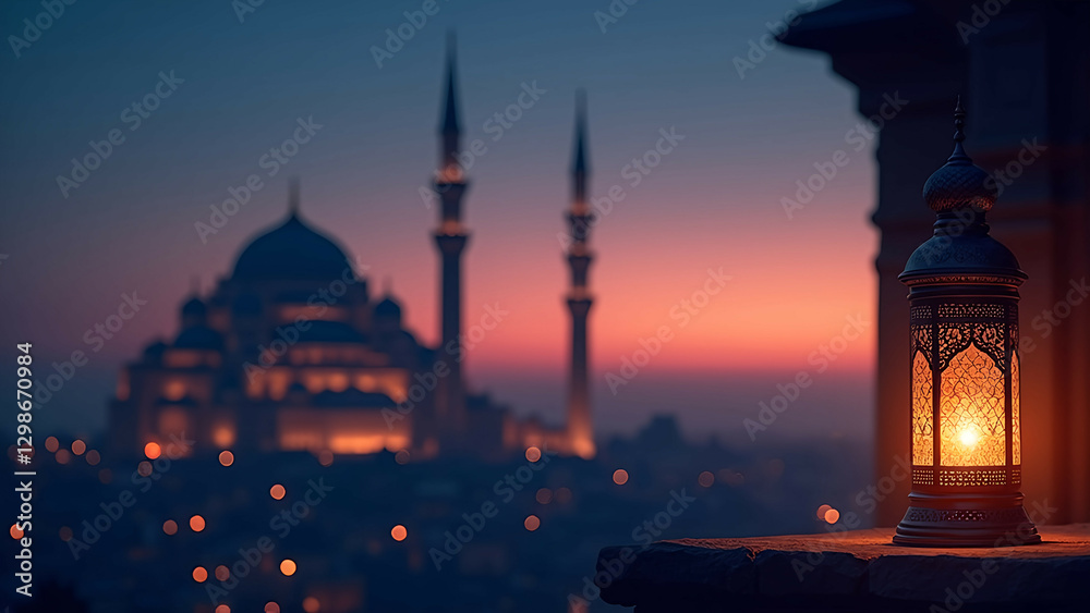 Naklejka premium ramadan kareem greeting - lantern, mosque, calligraphy at twilight