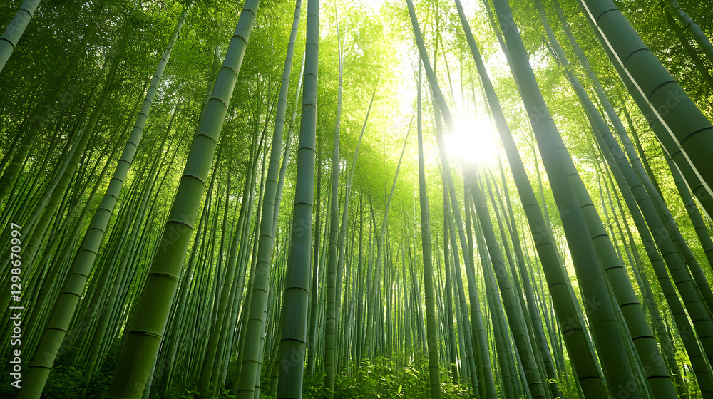 Fototapeta premium bamboo pathway surrounded by tall bamboo trees, with rays of sunlight shining through the bamboo leaves and casting a serene glow on the path 