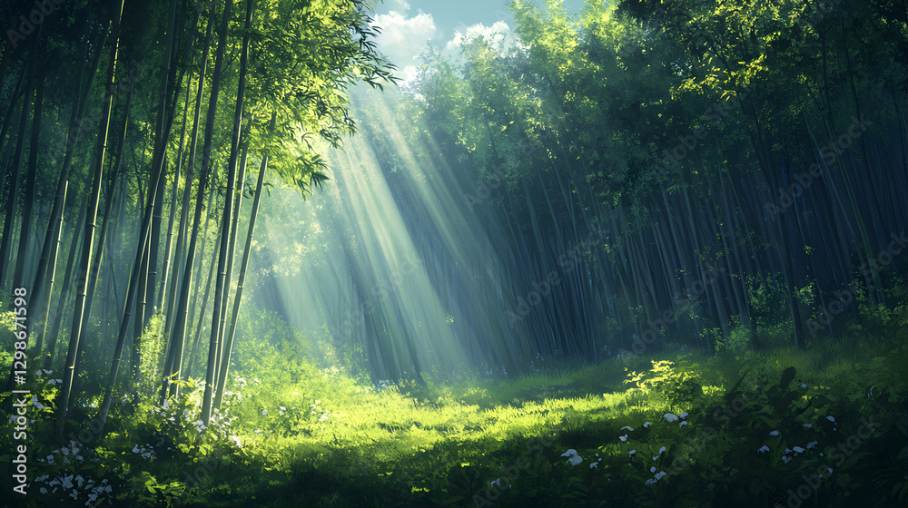 Fototapeta premium bamboo forest with tall, slender bamboo stalks, sunlight streaming through the gaps in the leaves, creating a calm and natural environment