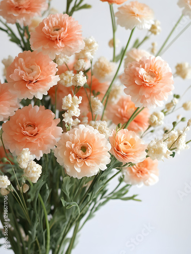 Soft Peach Flowers and White Blossoms in a Arranged Floral Bouquet