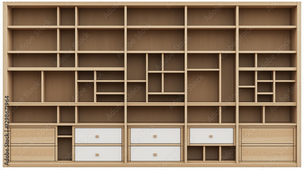full view, high-resolution image of a light-brown wooden wardrobe with white drawer fronts and doors; the wardrobe has many shelves and compartments, showcasing a clean full view, high-resolution image of a light-brown wooden wardrobe with white drawer fronts and doors; the wardrobe has many shelves and compartments, showcasing a clean