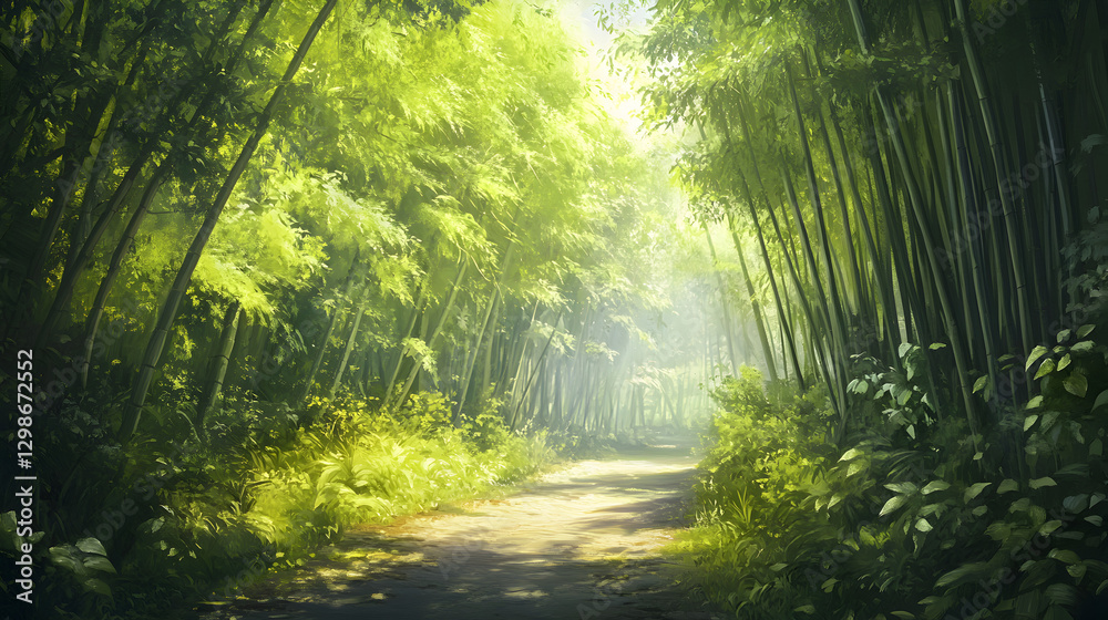 Obraz premium view of a tranquil bamboo forest, with sunlight filtering through the leaves, casting soft shadows on the forest floor 