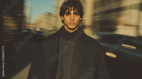 Urban scene captures young man in stylish coat, exuding confiden