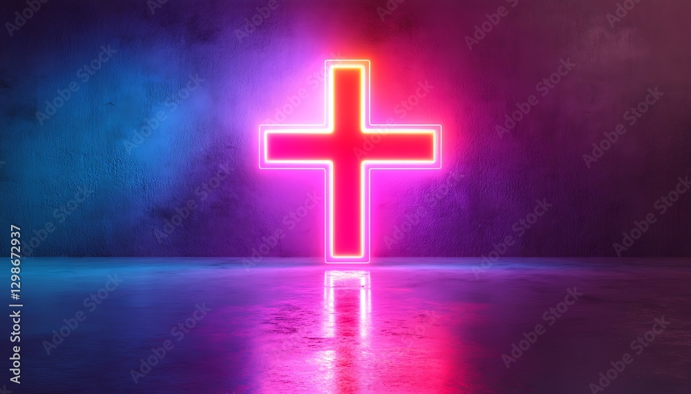 Fototapeta premium A Glowing Neon Cross Against A Dark Textured Background