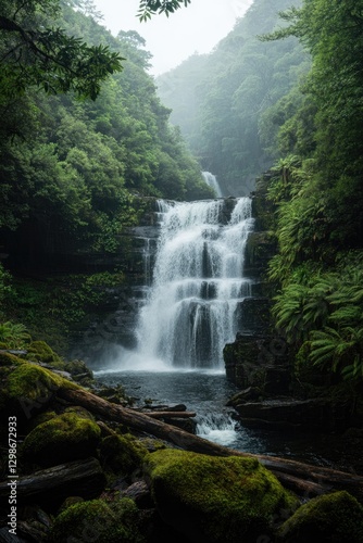 Majestic waterfall cascades amidst lush greenery, enveloped in s