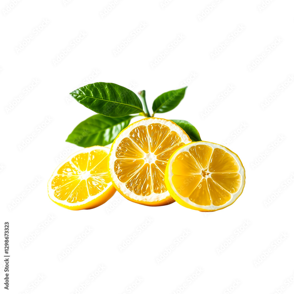 Fresh juicy lemons with green leaves isolated on transparent background Fresh juicy lemons with green leaves isolated on transparent background