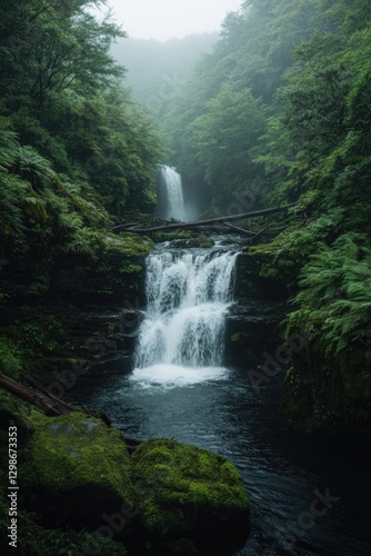 Serene waterfall cascades through lush greenery, enveloped in so