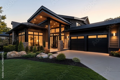 modern dark house exterior with large front yard