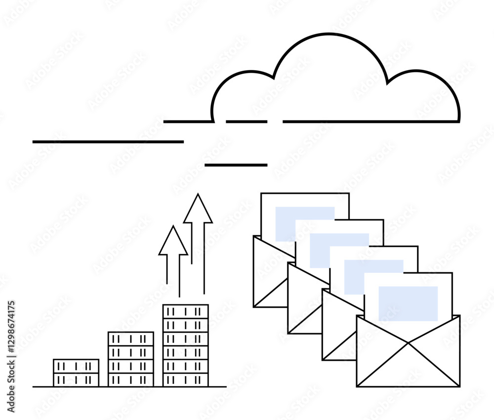 Obraz premium Envelopes and cloud symbolize digital communication. Growth bars and arrows represent data scalability, progress, and connectivity. Ideal for tech, cloud solutions, business growth, digital mail