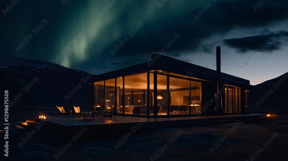 Obraz premium Nordic glass cabin glows under the Arctic sky with northern lights dancing above. Generative AI