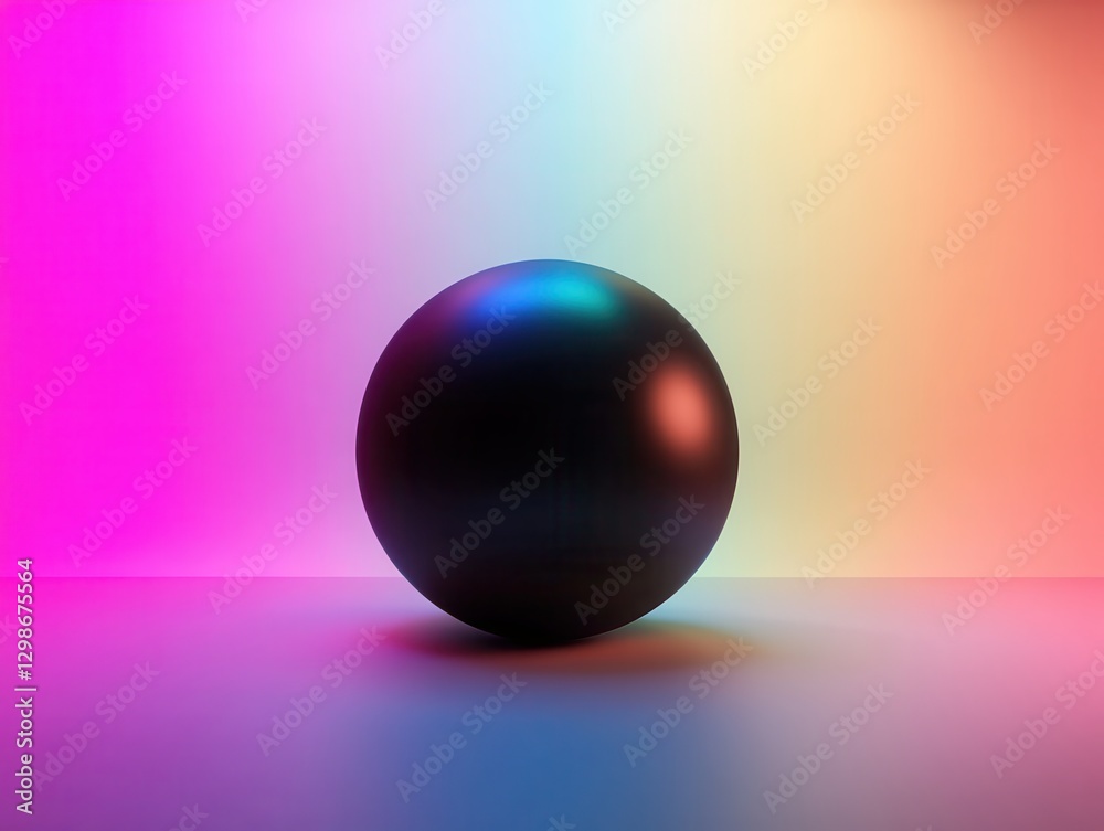 Obraz premium Black spherical object illuminated by colorful neon lights in a minimalistic setting, showcasing vibrant shadows and reflections on a smooth surface