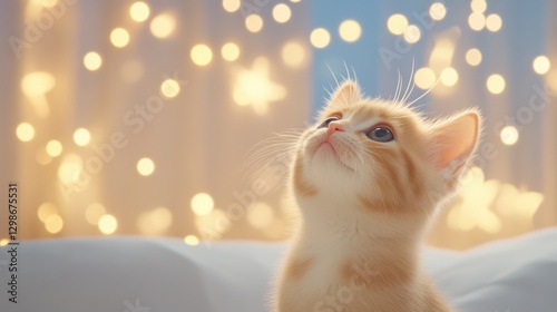 Dreaming Kitten: A cute ginger kitten gazes upwards with wonder, bathed in a warm, soft light that creates a dreamy, enchanting atmosphere.