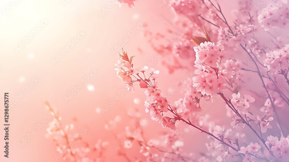 Obraz premium A serene scene showcasing delicate pink cherry blossoms illuminated by soft sunlight, creating a dreamy, tranquil atmosphere.