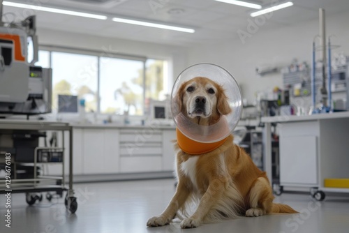 This calm dog wearing a protective cone sits in a clean and bright veterinary clinic. The dog seems relaxed despite the visit, surrounded by medical equipment and a welcoming atmosphere
