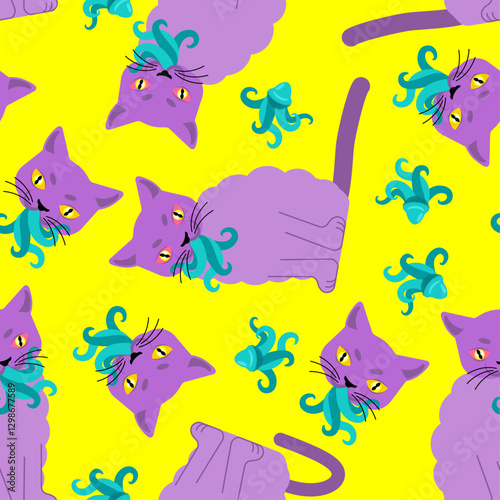 Cat with tentacles in mouth pattern seamless. Pet galactic animal background. Cat with Polypody parasite texture