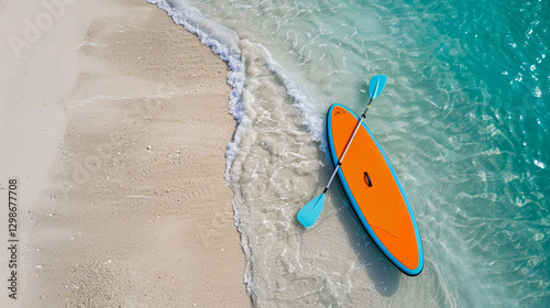 A colorful paddleboard on the beach