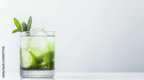 Refreshing Green Cocktail: A close-up shot of a vibrant green cocktail in a crystal glass, garnished with fresh herbs and ice cubes. The drink offers a refreshing and sophisticated appeal.