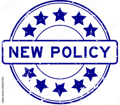 Grunge blue new policy word with star icon round rubber seal stamp on white background