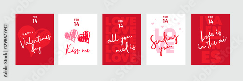 Five modern Valentines Day greeting card designs with script lettering. Perfect typographic collection for FEB 14, featuring Happy Valentines day and love messages.