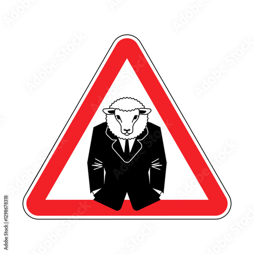 Attention boss ram. Caution businessman sheep. Red triangle danger sign