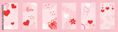 Set of romantic Valentines Day story templates featuring hearts, gifts, and Love text on pink abstract backgrounds, perfect for social media.