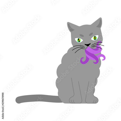Cat with tentacles in mouth. Pet galactic animal. Cat with Polypody parasite