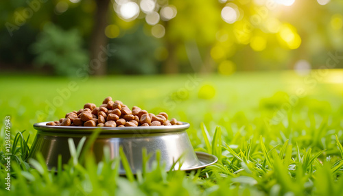 Dog Food Bowl in Green Grass, Bowl with pet food