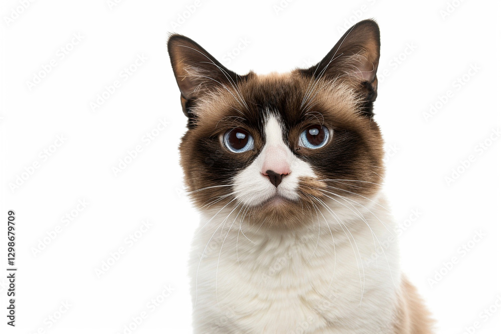 Front side close up of Snowshoe cat with an perplexed face expression, isolated white background. Front side close up of Snowshoe cat with an perplexed face expression, isolated white background.