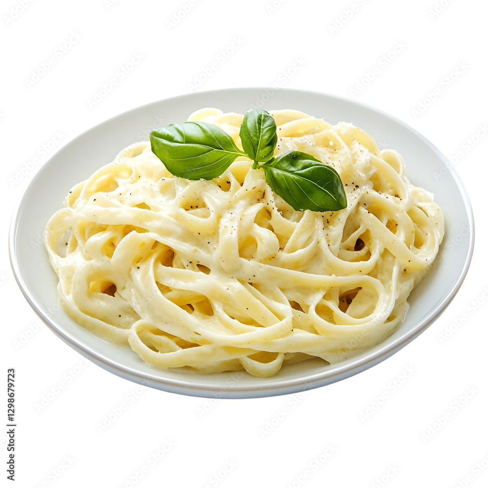 Plate of fettucini alfredo with garnish isolated for menu, side view, delicious Italian pasta dish food menu on white background transparent background, png. Plate of fettucini alfredo with garnish isolated for menu, side view, delicious Italian pasta dish food menu on white background transparent background, png.