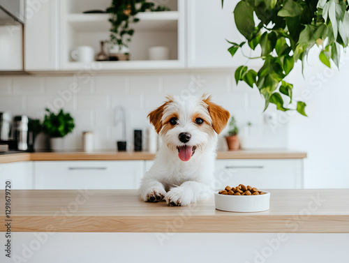 Wallpaper Mural Happy Dog Sitting Behind Bowl of Dog Food in Bright Kitchen Torontodigital.ca