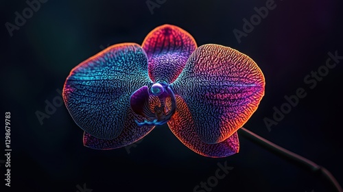Vivid purple orchid petals with delicate veins and silky textures, their vibrant colors shining in soft lighting.