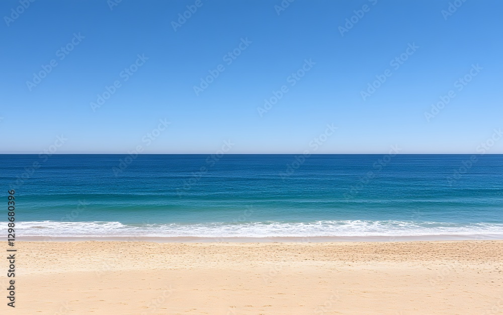 Serene Beach Ocean Landscape, Blue Sky, Calm Waves, Sandy Shore Serene Beach Ocean Landscape, Blue Sky, Calm Waves, Sandy Shore