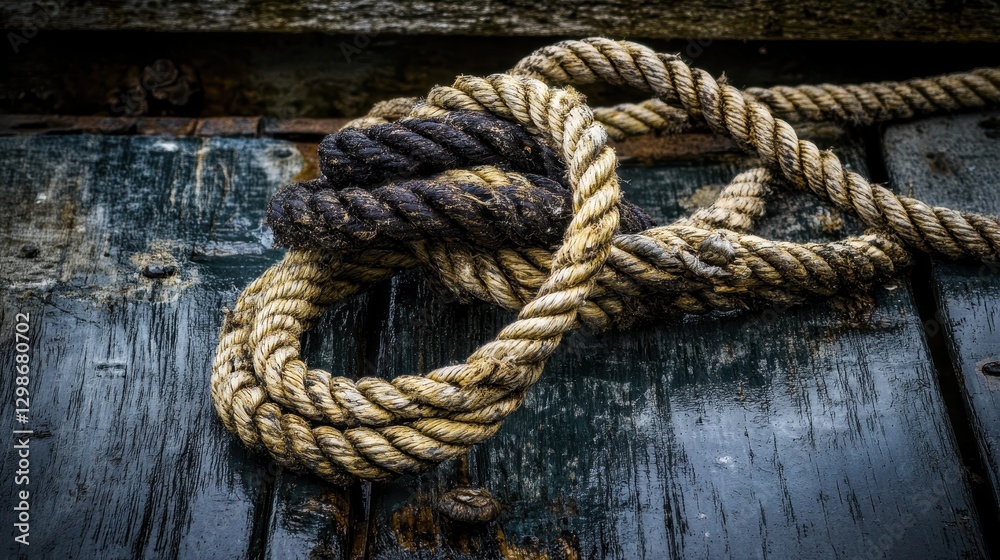 Rustic Texture of Twisted Rope on Weathered Wooden Surface Rustic Texture of Twisted Rope on Weathered Wooden Surface