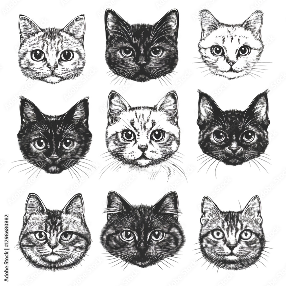 Nine adorable cats in captivating black and white portraits showing their unique charm and beauty Nine adorable cats in captivating black and white portraits showing their unique charm and beauty