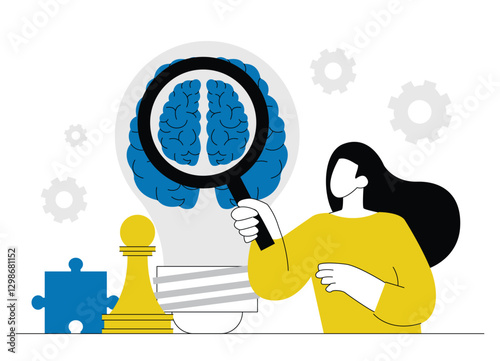 Woman with magnifying glass examines brain, symbol of analytics and intelligence. Yellow light bulb represents ideas, while puzzles and gears emphasize the concept of artificial intelligence, strategi