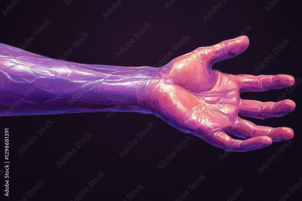 Obraz premium Vividly Colored Abstract Illustration of a Hand with Detailed Veins and Muscles Set Against a Dark Background for Artistic Emphasis