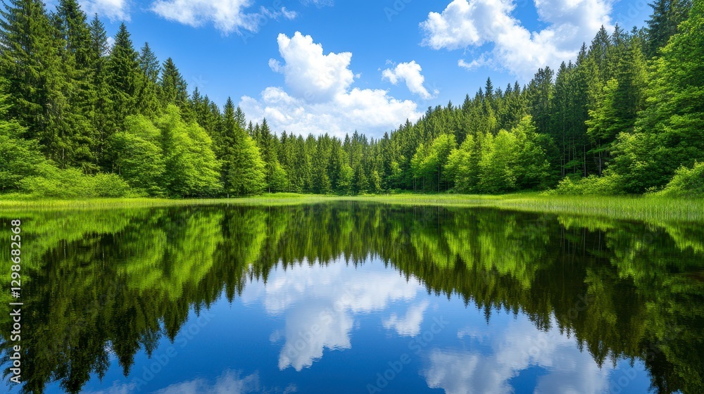Obraz premium Calm Lake Reflecting Lush Green Forest Under a Blue Sky