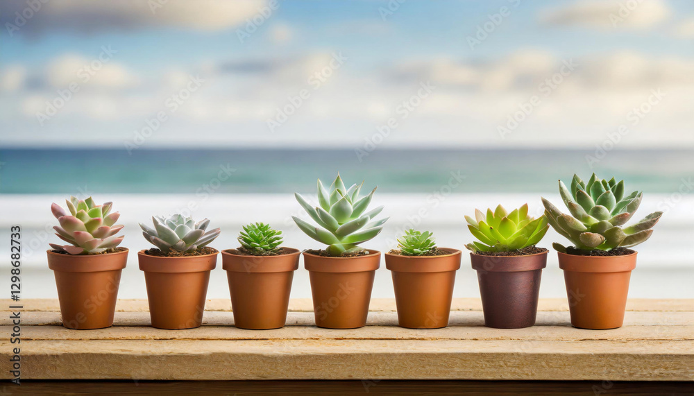 Fototapeta premium Succulents and cacti in pots on a wooden shelf. Sea and blue sky on the background. Season concept