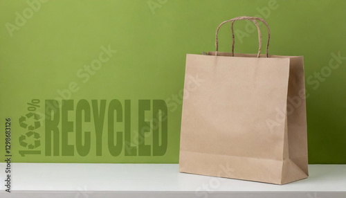Recycled paper shopping bag on a white shelf, green background. Circular economy, recycling and reuse concept